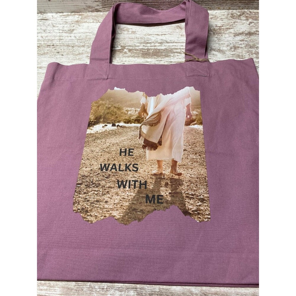 Cotton Christian Tote Bag  "He Walks With Me"